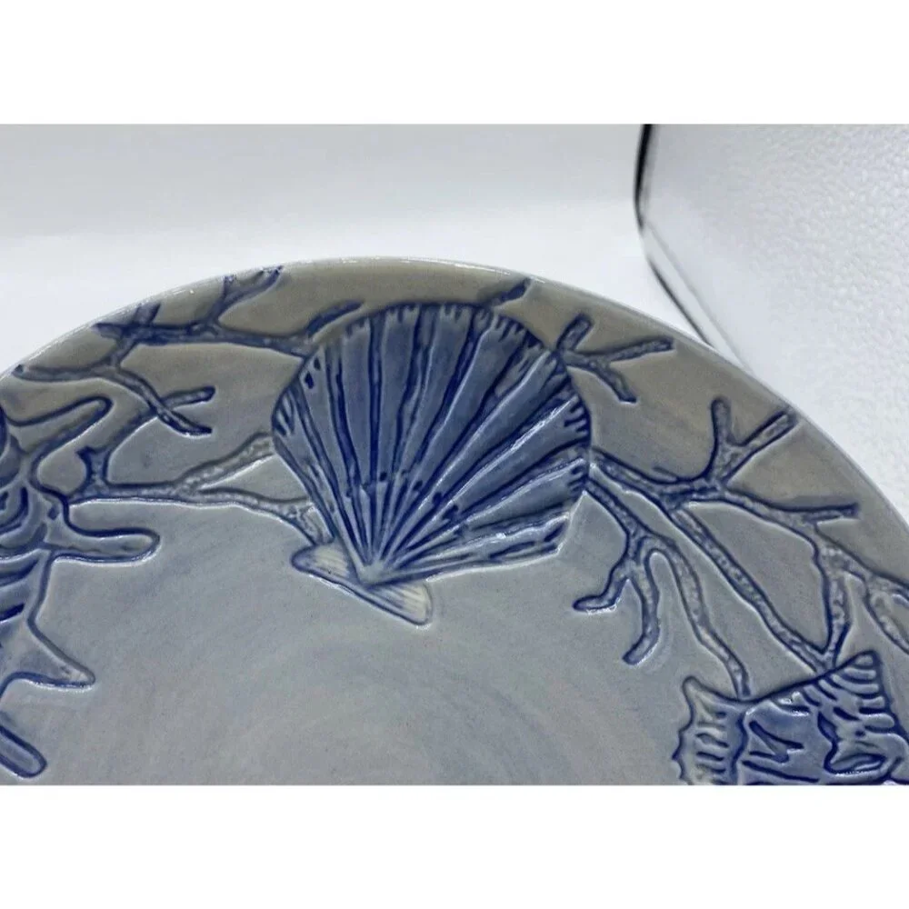 Pottery Barn Salad Plate Dessert Blue Shell Ocean Beach Coastal Coral  8